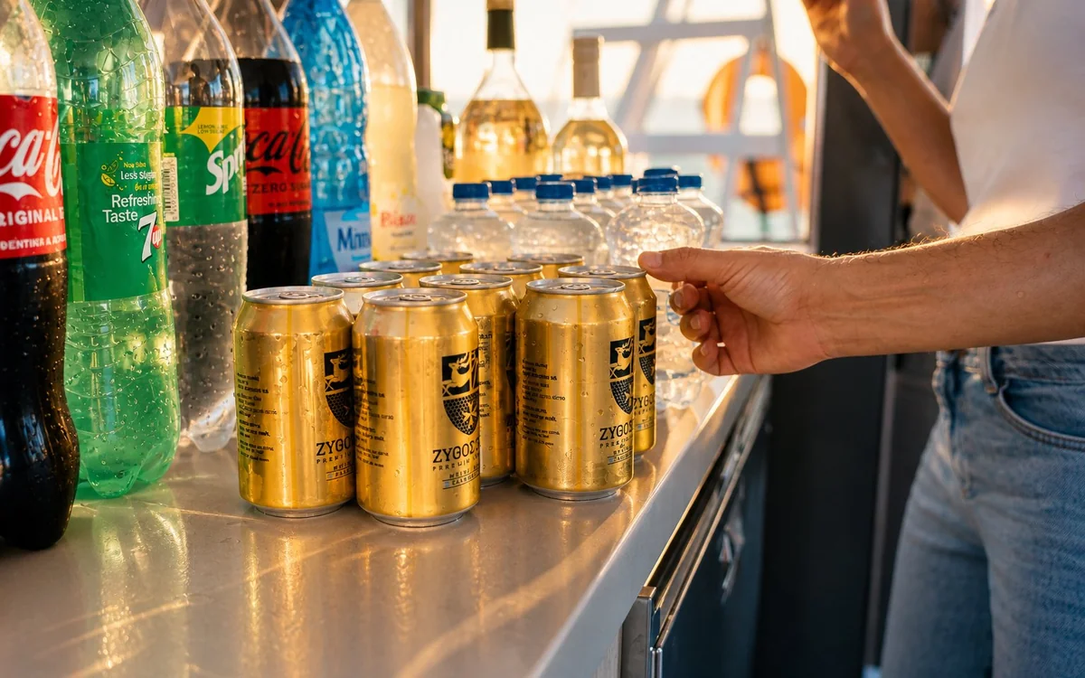 Chilled cans and bottles of soft drinks and beer being served from a counter on board a boat