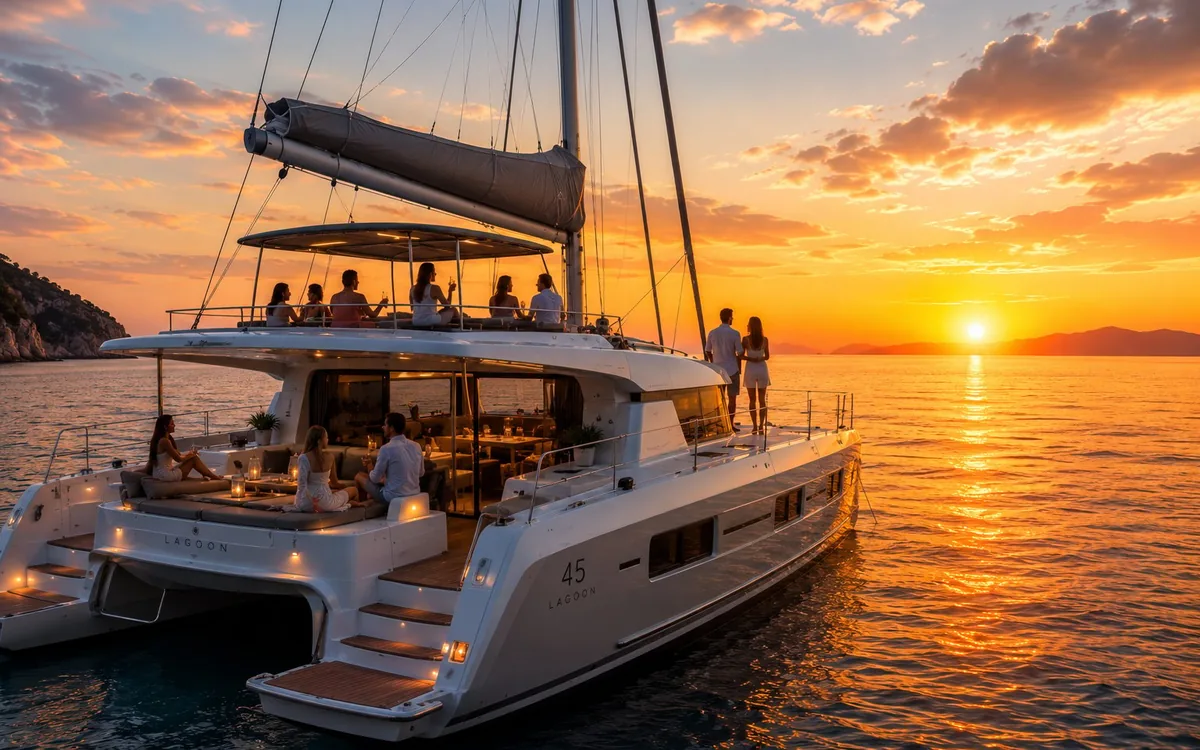 A catamaran under way in the late evening with low golden light across the water off the coast of Rhodes