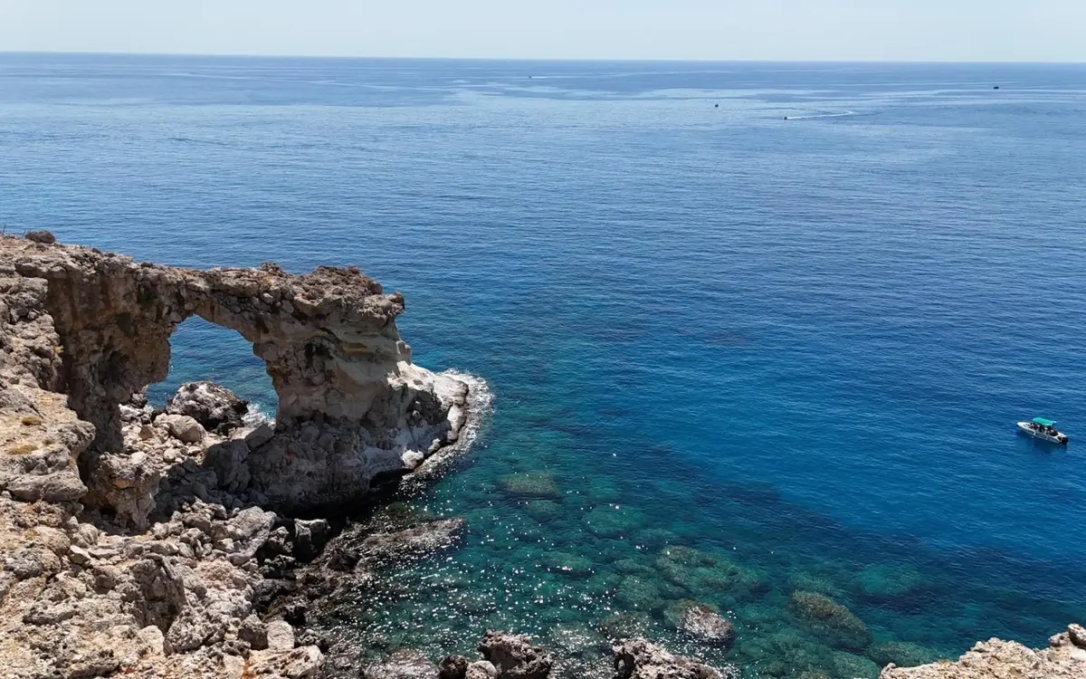 A sea cave arch in the cliffs of the Rhodes east coast