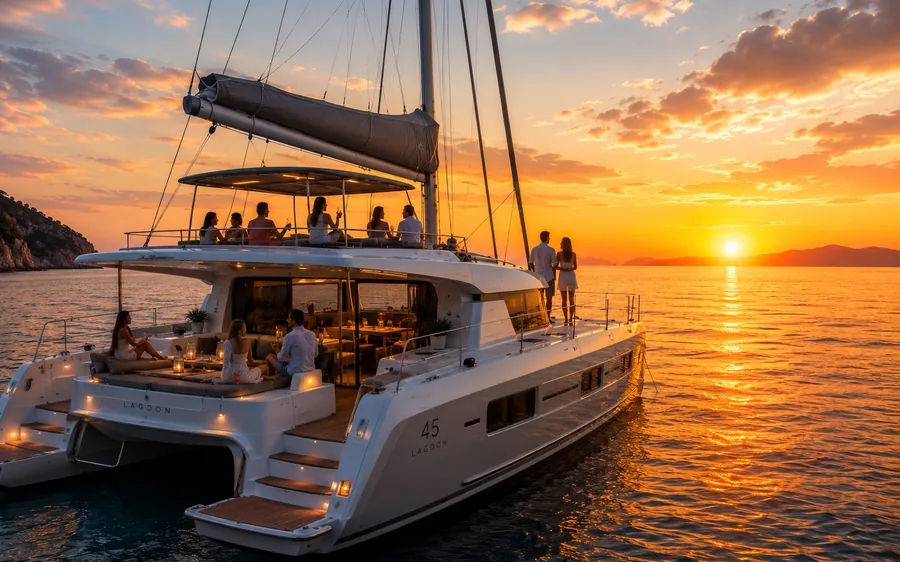 A catamaran with guests sitting on deck, sailing towards an orange sun low over the sea