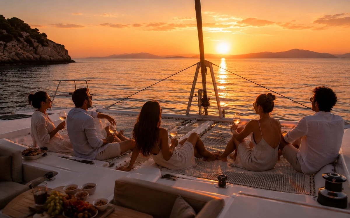 People sitting on the deck of a catamaran watching an orange sun low over the sea